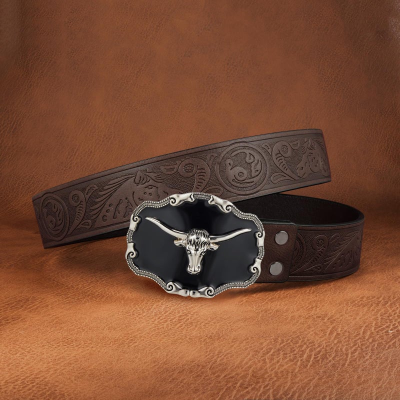 YOQUCOL Mens Long Horn Bull Head Western Cowboy Texas Silver Belt Buckle - Image 5